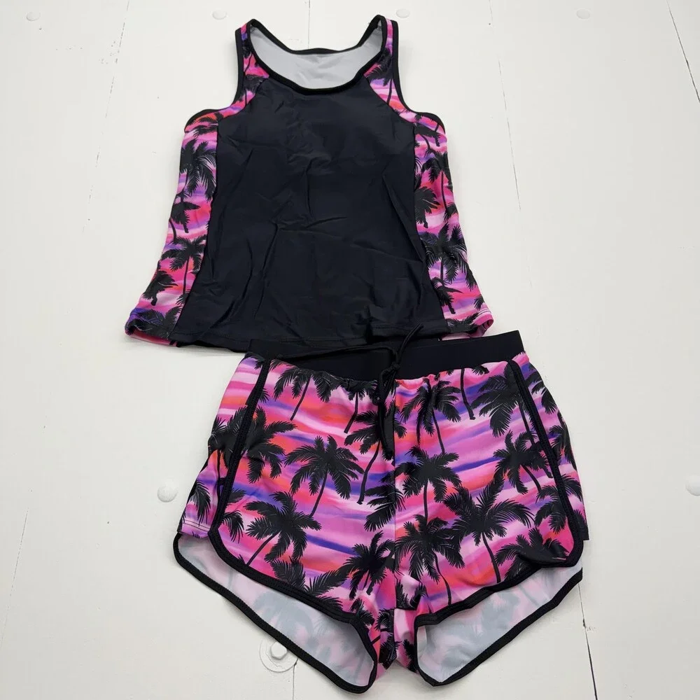 Pink Palm Ombre Tankini Swimsuit Set Womens S Swim Shorts 2 Piece Lined Stretch